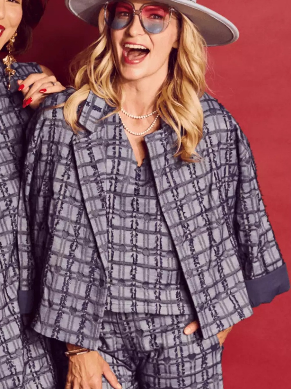 Buru Cropped Relaxed Fit Blazer Blue Heart Plaid Red Lining Pockets XS Small